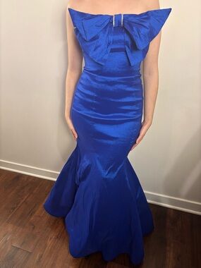 B Darlin Strapless Cobalt Blue Mermaid Gown with Statement Bow